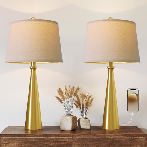 Oneach 25.75" Modern Table Lamp for Bedroom Set of 2, USB C Port, Gold - color: Brass