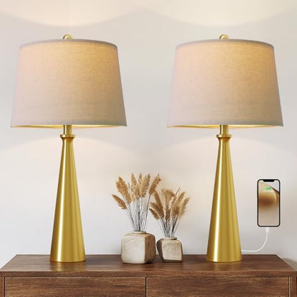Oneach 25.75" Modern Table Lamp for Bedroom Set of 2, USB C Port, Gold - color: Brass