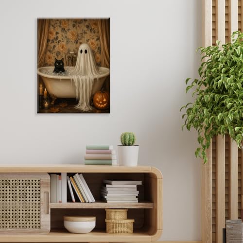Halloween Wall Art Decor, Ghost Cat Bath Canvas Print Framed 8x10 Inch - color: N