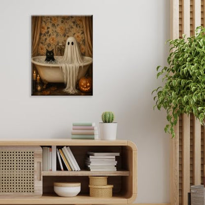 Halloween Wall Art Decor, Ghost Cat Bath Canvas Print Framed 8x10 Inch - color: N
