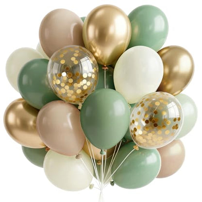 PartyWoo Sage Green Balloons 66pcs 12 Inch Gold White Brown Gold Balloons - color: Green-3327