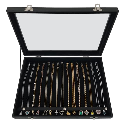 15 Hook Necklace Storage Box with Dustproof Transparent Glass Lid - color: Black-15 necklaces