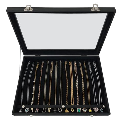 15 Hook Necklace Storage Box with Dustproof Transparent Glass Lid - color: Black-15 necklaces