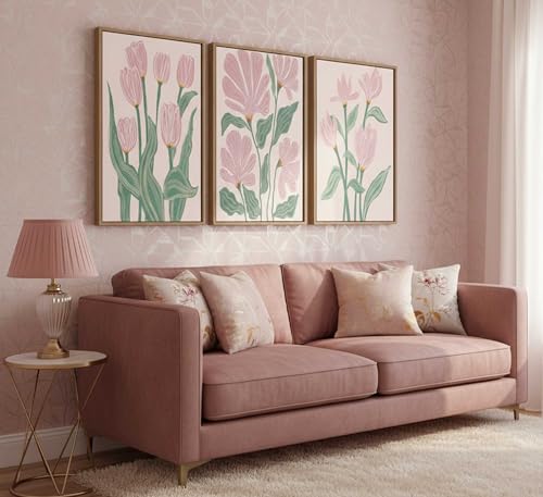 Framed 3 Pcs Pink Tulips Flowers Canvas Wall Art - color: Framed-Tulips, size: 16"L x 12"W