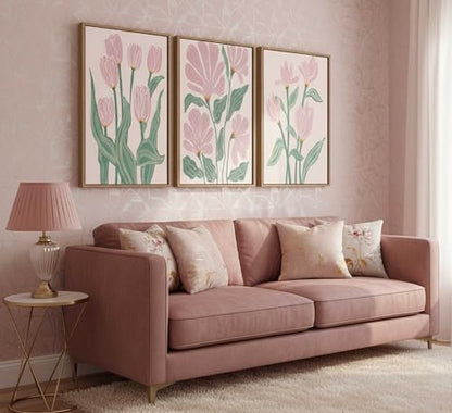 Framed 3 Pcs Pink Tulips Flowers Canvas Wall Art - color: Framed-Tulips, size: 16"L x 12"W