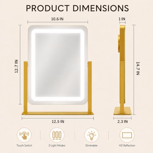 HNV 15" x 13" Gold Lighted Makeup Mirror - color: Gold, size: 15"L x 13"W
