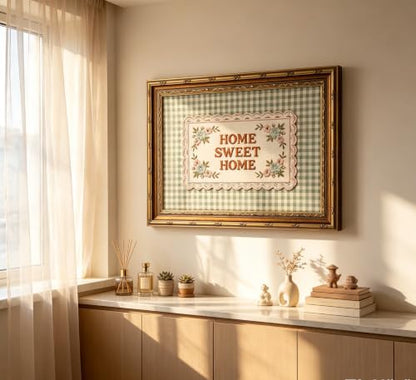 Gold Framed Home Sweet Home Wall Art,Embroidered Style Green Gingham Canvas - color: Home Sweet Home, size: 11"LX9"W