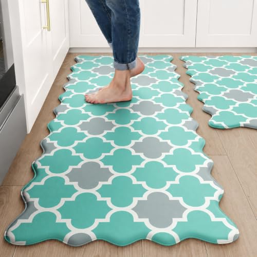 Arenarug Scalloped Trellis Kitchen Mats for Floor, Aqua Gray Kitchen Rugs - color: Aqua Gray, size: 17.3"x30"+17.3"x47"