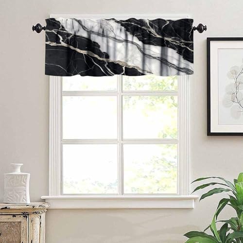 Vinatge Marble Kitchen Valance, Abstract Luxury White Black Texture Print Blackout Rod Pocket Short Window Curtain for Cafe Bedroom Living Room, 54x18inch - color: Marble-26