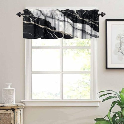 Vinatge Marble Kitchen Valance, Abstract Luxury White Black Texture Print Blackout Rod Pocket Short Window Curtain for Cafe Bedroom Living Room, 54x18inch - color: Marble-26