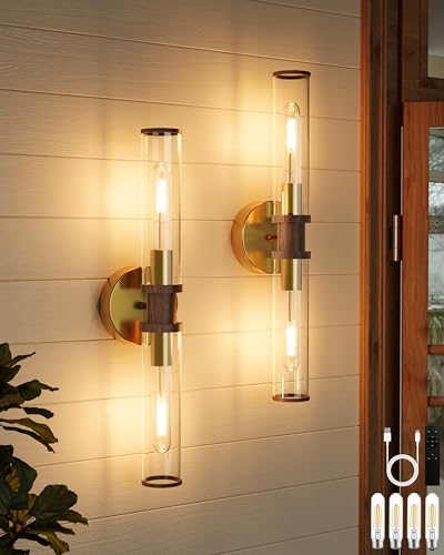 Rayogale Gold & Walnut Wireless Battery Operated Wall Sconces with Remote - color: Gold & Walnut(Clear Tubular Lampshade)