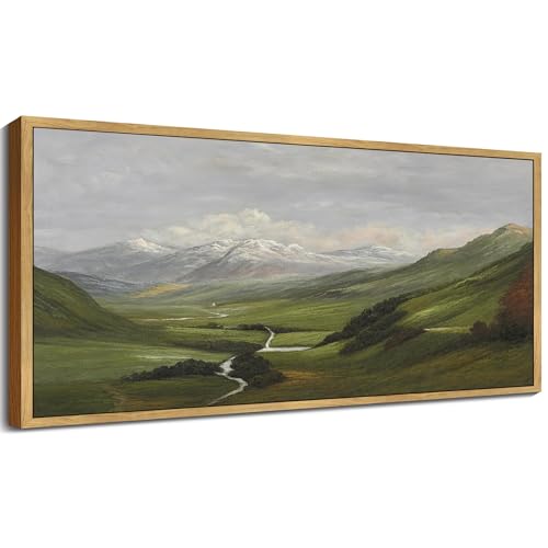 SHENIFY Vintage Framed Wall Art Mountain Range Valley River Landscape Painting Retro Meadow Scenery Farmhouse Kitchen Living Room Decor - 8x16in Natural Framed - color: Mountain Range, size: 16"L x 8"W