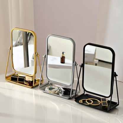 Small Desk Mirror with Storage Tray Tabletop Makeup Mirror Black - color: Rectangular-black