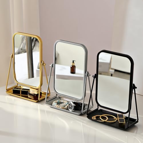 Gold Desk Mirror with Storage Rectangular Tabletop Vanity Mirror - color: Rectangular-gold