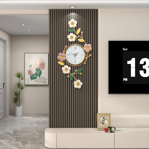 FLEBLE Large Wall Clock for Living Room Decor Metal Flower Home Decorative