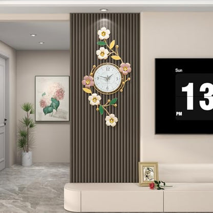 FLEBLE Large Wall Clock for Living Room Decor Metal Flower Home Decorative