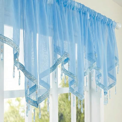 Molaxhome Swag Curtain Scalloped Curtain Valance Drape Sheer Lace Panel 1pc - color: Blue