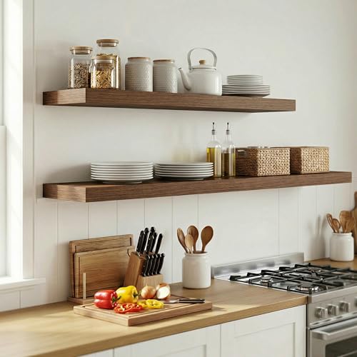 Venusmiles 12 inch Deep Floating Shelves for Wall, 55" Wide, Walnut, 2-Pack - color: Walnut Finish, size: 55"w x 12"d, 2p