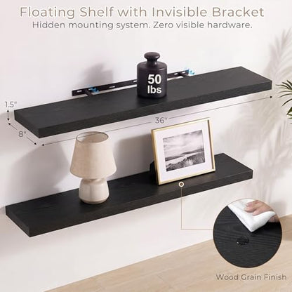 Vivelove Black Floating Shelves 36 x 8 Inch, 8 Inch Deep Shelf, Set of 2 - color: Black, size: 36"Wx8"Dx1.4"H