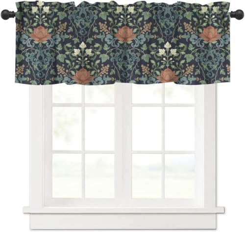 Victorian Floral Valance Curtain, William Morris Vintage Floral Damask Gothic Dark Botanical Plants Print Blackout Small Window Curtain for Bedroom Kitchen Living Room, 54x18inch - color: Morris-7