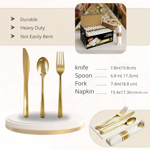 Neatiffy 50 Pack Gold Plastic Silverware Set, Pre Rolled Napkin and Cutlery Set with 50 Forks, 50 Knives, 50 Spoons, 50 Napkins, Utensils, Silverware for Parties, Weddings and Birthdays - color: Gold Napkin Cutlery