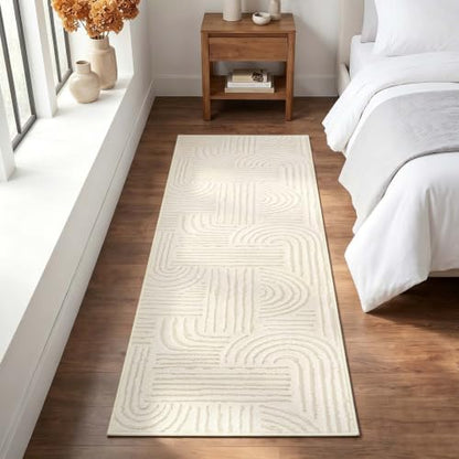 Etwel 2x6 Beige Modern Geometric Textured High-Low Pile Washable Runner Rug - color: Neutral Beige, size: 2' x 6'