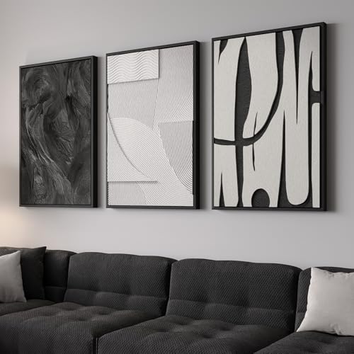 3D Large Framed Black and White Abstract Wall Art for Living Room, 3 Piece - color: Black and White --B, size: 24"w X 36"h X 3pcs