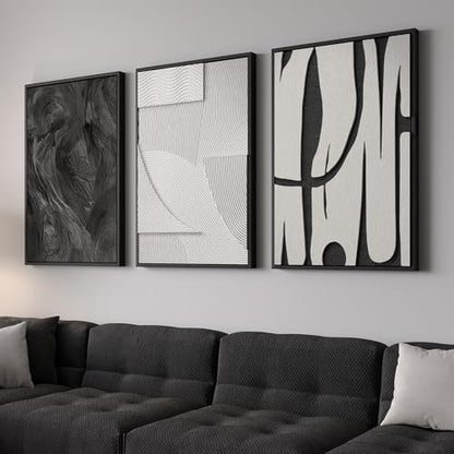 3D Large Framed Black and White Abstract Wall Art for Living Room, 3 Piece - color: Black and White --B, size: 24"w X 36"h X 3pcs