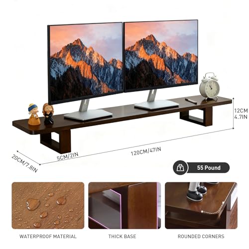 Dual Monitor Stand Riser, 47Inch Solid Wood Desktop Organizer with Non-Slip Pads, Holder for 2 Monitors, Laptops, TV, PC, Printer, Walnut Finish