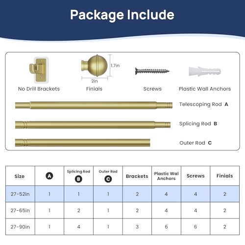 ENJOYBASICS 2 Pack 28-48" No Drill Curtain Rods, Renter Friendly, Gold - color: Gold, size: 27-52''