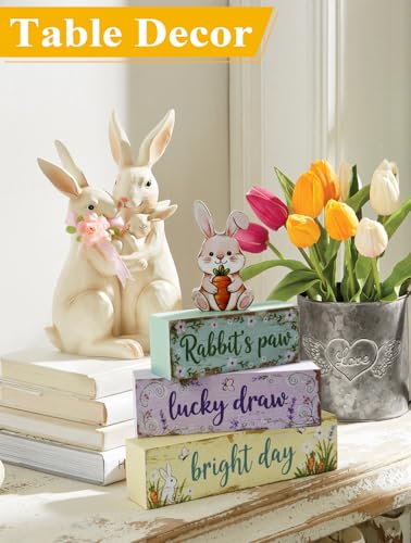 Spring Easter Dec Bunny Wooden Tabletop Decor with Rabbit’s Paw/Luck Draw/Bright Day Signs, Spring Farmhouse Spring Table Decorations for Home Indoor, Green Purple Beige Wood Blocks Set of 4 - size: Spring Rabbit