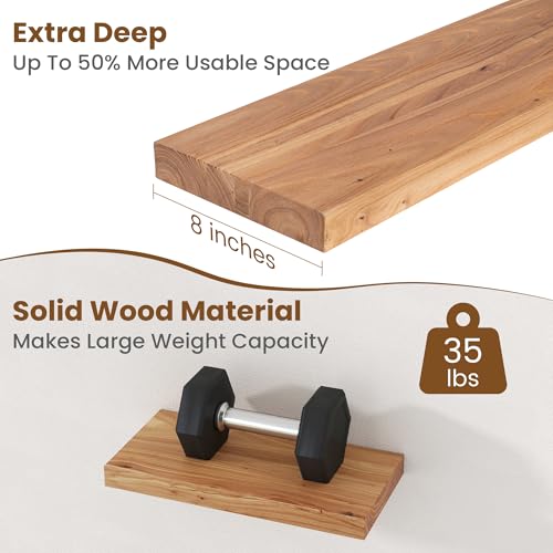 Floating Shelves for Wall, 8" Deep Elm Wood Shelves, 16in Set of 2, Natural - color: Natural, size: Flat Edge, 16inch, 2Packs