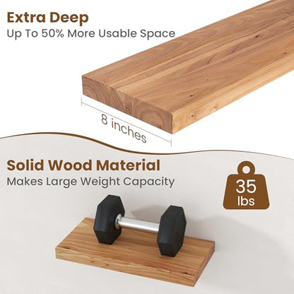 Floating Shelves for Wall, 8" Deep Elm Wood Shelves, 16in Set of 2, Natural - color: Natural, size: Flat Edge, 16inch, 2Packs