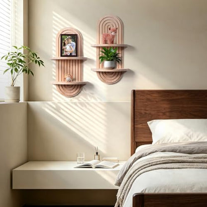 Boho Floating Shelves for Wall Art, Mid Century Modern Arched Wood Shelf - color: Natural