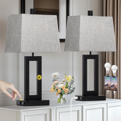 Cinkeda Bedside Table Lamp Set of 2,Nightstand Touch Lamps with USB Port - color: C.Gray&Black