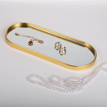Feyarl Gold Mirrored Jewelry Trinket Tray Vanit Little Ring Earings Organizer Ornate Cosmetic Perfume Tray Display Decorative Coffee Table Tray for Home Decor Dinning Room Dresser Tabletop