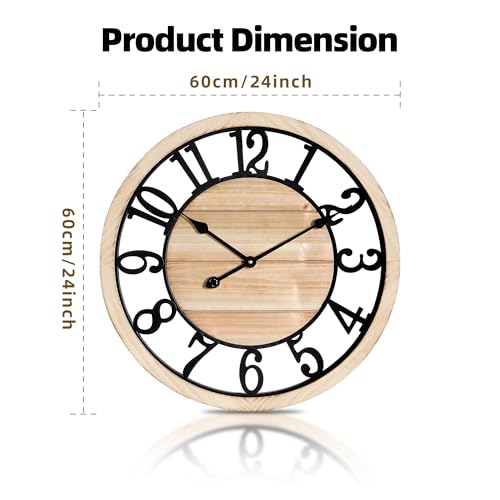 Maxstar 24'' Wall Clock for Living Room Decor, Ultra-Silent Rustic Wooden Farmhouse Wall Clock with Metal & Real Wood Frame, Battery Operated, for Kitchen Bedroom Office, Arabic Numerals