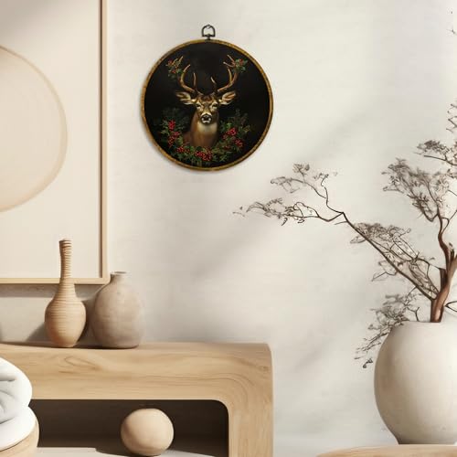 CUANFDDSF Vintage Christmas Reindeer Round Wall Art Decor, Rustic Dark Moody Xmas Reindeer Holiday Wall Hanging Frame Decor, Gothic Christmas Canvas Prints Decorations for Home Bedroom, 10x10 Inch - color: Colour 18