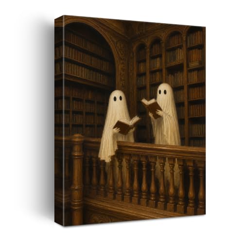 Halloween Wall Art Framed Canvas Print Ghost Reading Books Poster - color: Q