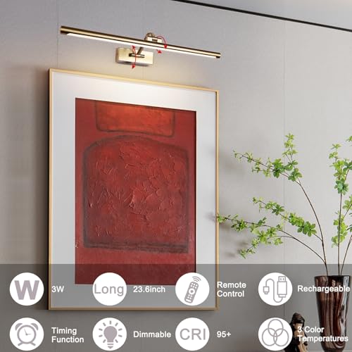 5W LED Wireless Picture Lights with Remote and Timer 23.6 Inch Rechargeable Brass Gallery Lighting Battery Operated Art Lights Over Frame Portrait - color: Battery Operated Brass, size: 24 Inch