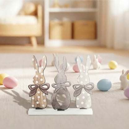 Smile Easter Bunny Trio Wooden Decor, Rustic 3-Bunny Silhouette Sign with Bows & Heart Detail for Spring Tiered Tray Decor - style: Brown Bunny