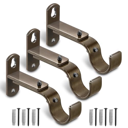 Adjustable Curtain Rod Brackets, Metal Window Drapery Rod Hanger Holders Hooks for 1 inch Rods (Brown, Set of 3) - color: Brown, size: Set of 3