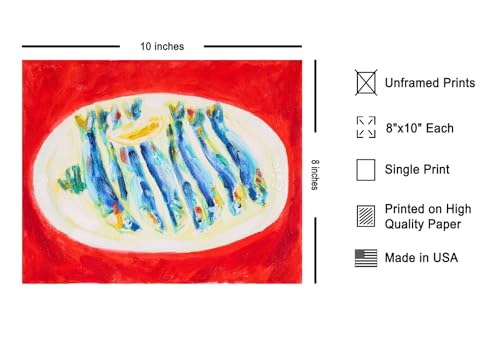Monem Art Plate of Anchovies Print - Colorful Fauvist Fish Still Life Poster - Wall Decor for Kitchen, Dining Room or Restaurant - 8x10 Unframed Wall Art by Tamara Jare - color: Style-02, size: 8"L x 10"W
