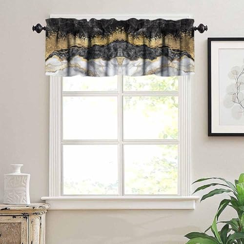 Black Gold Marble Valance Curtain, Abstract Luxury Black Grey White Crack Ink Marble Texture Print Blackout Short Window Treatment for Home Kitchen Bedroom Cafe, 54x18inch - color: Marble-2