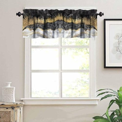 Black Gold Marble Valance Curtain, Abstract Luxury Black Grey White Crack Ink Marble Texture Print Blackout Short Window Treatment for Home Kitchen Bedroom Cafe, 54x18inch - color: Marble-2
