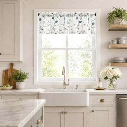 VOGOL Blue Floral Embroidered Kitchen Valance, 52 x 14 Inches - color: Blue, size: 52"W x 14"L (Pack of 1)