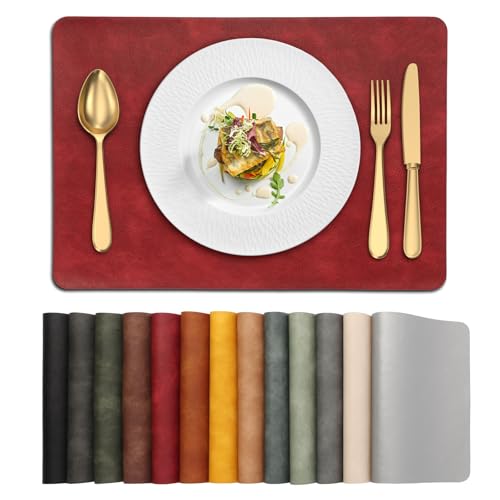 UnivoColors Placemats,Heat Resistant Placemats Set of 4 Washable 12 x 17 Inch,Waterproof Table Mats,Wipeable Pu Place Mats for Kitchen,Dining Room.Red - color: Washed Red