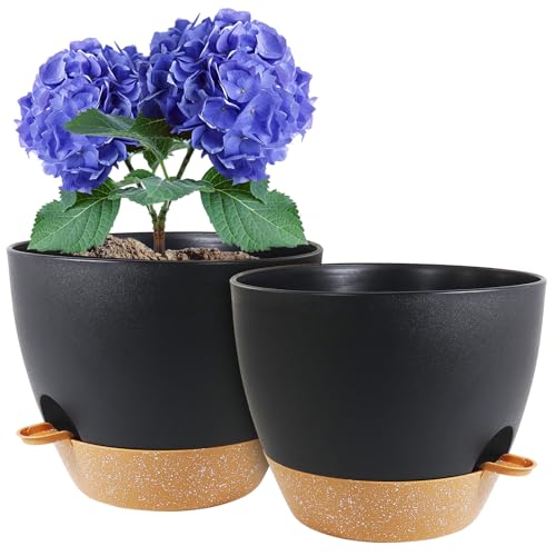 WSMKSZ 10 inch Self Watering Pots, 2 Pack Plastic Planters with Mesh Drainage Holes for Garden Plants and Flower, Plants Pots with Deep Reservoir for Indoor Outdoor Plants, Black with Brown - color: Black With Brown, size: 10inch 2pcs