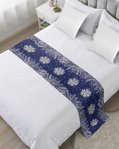 Navy Blue Christmas Bed Runners for Twin Size Bed, Winter Snowflake Decorative Bed Throws for Foot of Bed, Xmas Botanical Bed Runner Sofa Throw Bedding Scarf Protector Slipcover for Bedroom/Hotel - color: Navy Blue Snowflake, size: 71"x20" for Twin Bed