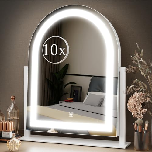 Gvnkvn Arched 15.2 in Lighted Makeup Mirror, 10X Magnifiers - color: White, size: 15.2"L x 13"W